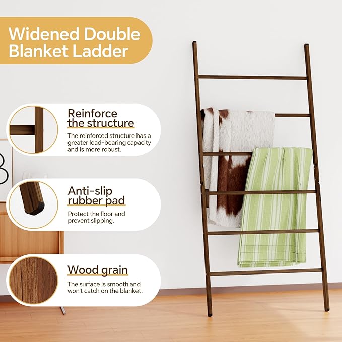 Delywh 6-Tier Wide Double Blanket Ladder Wood, Rustic Decorative Towel Rack for Big Blanket, Towel, Quilt, Clothes, Freestanding Blanket Holder Towel Ladder Decor Stand for Living Room, Bedroom, Brown