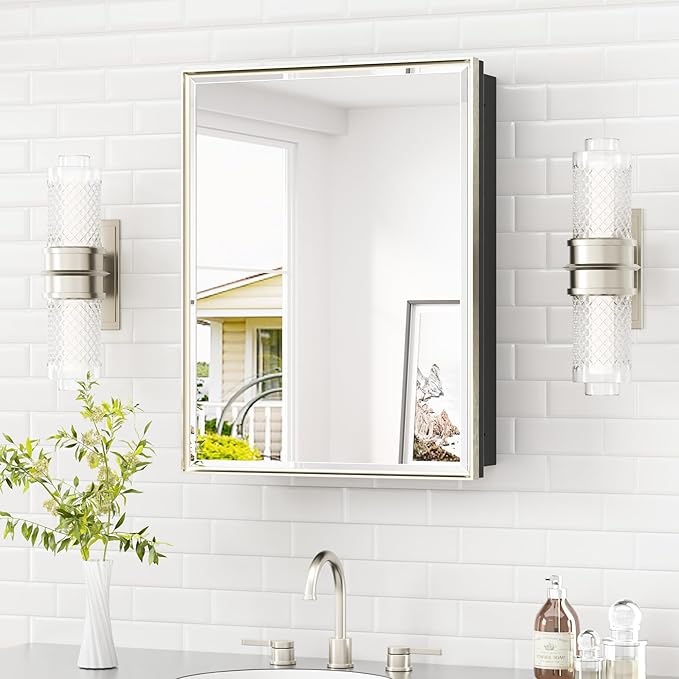 TETOTE 20" x 26" Recessed Medicine Cabinet Mirror for Bathroom Brushed Nickel Medicine Cabinets with Stepless Adjustable Shelves, Aluminum Beveled Frame, Fully Assembled