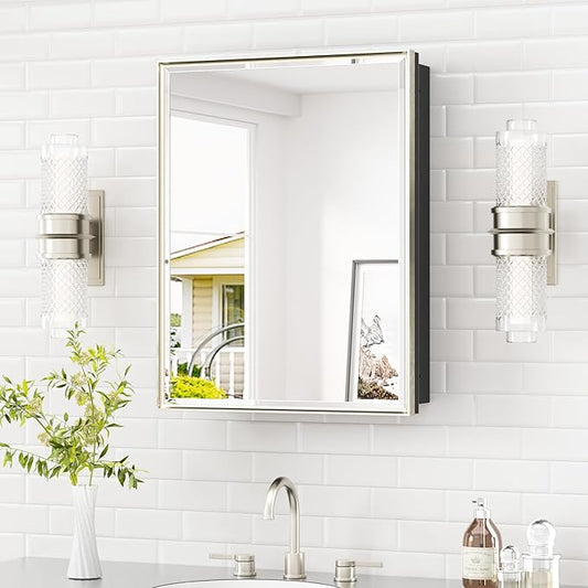 TETOTE 20" x 26" Recessed Medicine Cabinet Mirror for Bathroom Brushed Nickel Medicine Cabinets with Stepless Adjustable Shelves, Aluminum Beveled Frame, Fully Assembled