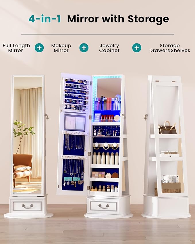 Vlsrka Mirror Jewelry Cabinet Standing, 360° Swivel Jewelry Armoire with Full Length Mirror, Lockable Mirror with Jewelry Storage, 3-Color LED Lights, Foldable Makeup Shelf, White