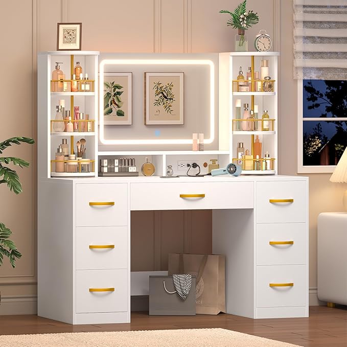 Vanity Desk with Mirror and Lights, White Makeup Vanity Table with 360° Rotating Shelves, Large Vanity Desk with 7 Drawers, Power Outlet, Dressing Table Set with Lighted Mirror Adjustable, for Bedroom