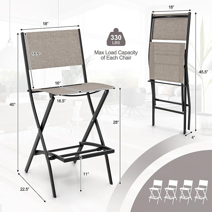Giantex Folding Patio Bar Chairs Set of 4, Outdoor Counter Height Bar Stools with Footrest & Back, All-Weather Resistant, Metal Frame, for Porch Deck Lawn Garden, Light Brown