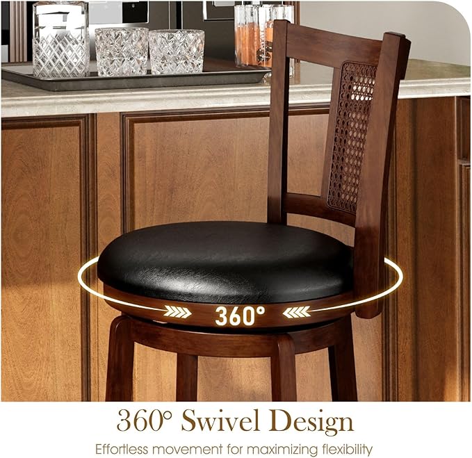 Sophia & William Swivel Bar Stools Set of 3, Bar Height Barstools with Backrest & Solid Wood Legs, Brown Faux Leather Kitchen Stools, 30 Inch