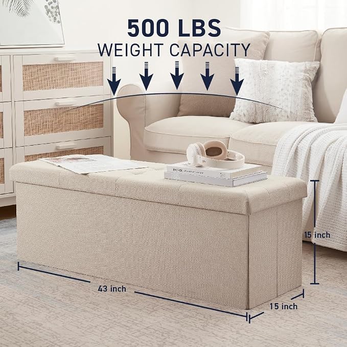 Ornavo Home Folding Storage Ottoman, 43 Inch Extra Large Storage Bench with Lid, Foot Rest Stool for Bedroom, Living Room, Entryway, Tufted Linen Upholstered - Beige