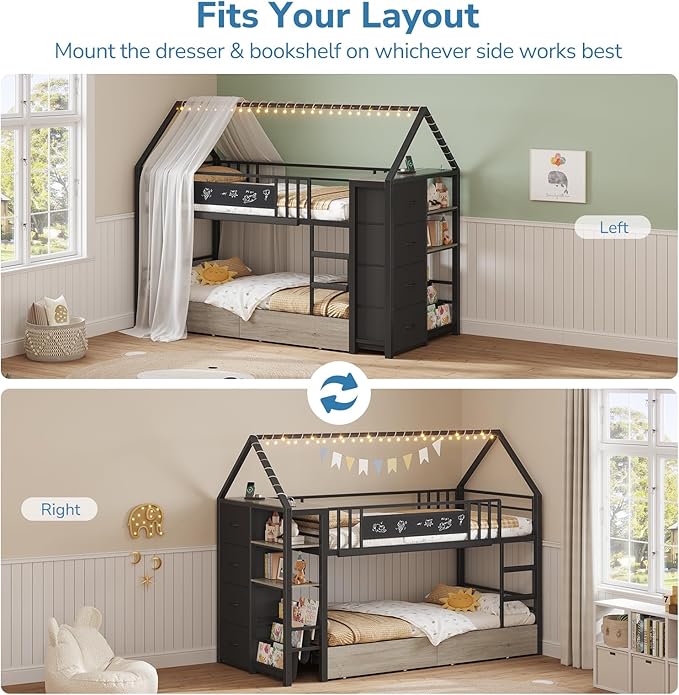 Twin Bunk Bed for Kids with 6 Storage Drawers, Montessori Bookshelf, House Shaped Bed with Globe String Lights and USB Ports, Metal Low Bunk Bed Twin Over Twin with Safety Guardrail and Ladder, Black