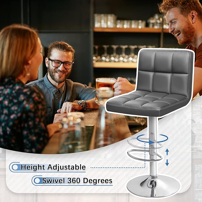 Homall Bar Stools Modern PU Leather Adjustable Swivel Barstools, Armless Hydraulic Kitchen Counter Bar Stool Extra Height Square Island Barstool with Back Set of 2 (Leather, Deep Gray)