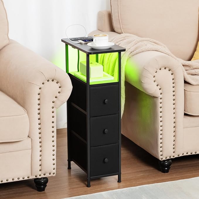 LOAKEKEL Narrow End Tables Living Room Set of 2 with Charging Station, Skinny Side Table with Fabric Drawers, Slim LED Nightstand for Bedroom, Small Spaces, Couch, Black, HETNDP03LBK
