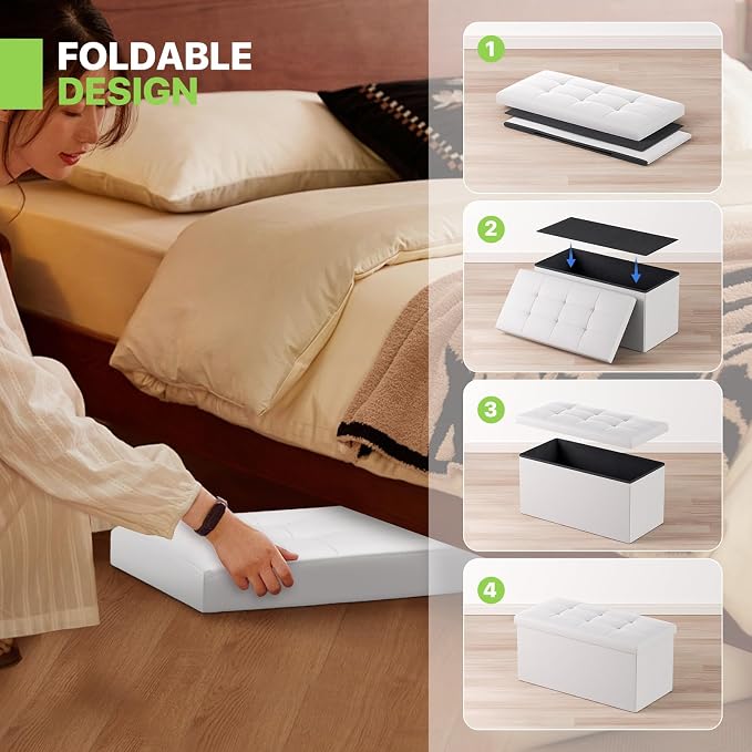 Magshion Folding Storage Ottoman Bench, 15 x 30 x 14.5 Inches PU Leather Ottoman Foot Rest, End of Bed Bench, 90L Storage Chest for Bedroom, Living Room, Entryway, Hallway, White