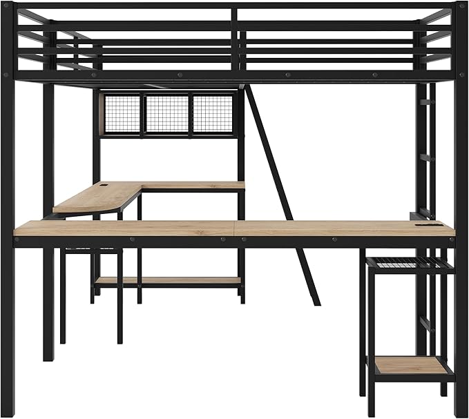 Twin Size Loft Bed with L-Shaped Desk and Storage Shelves, Heavy Duty Metal Loft Bed with LED Lights and and Charging Station for Kids Teens Adults, Saving Space, No Box Spring Needed, Black