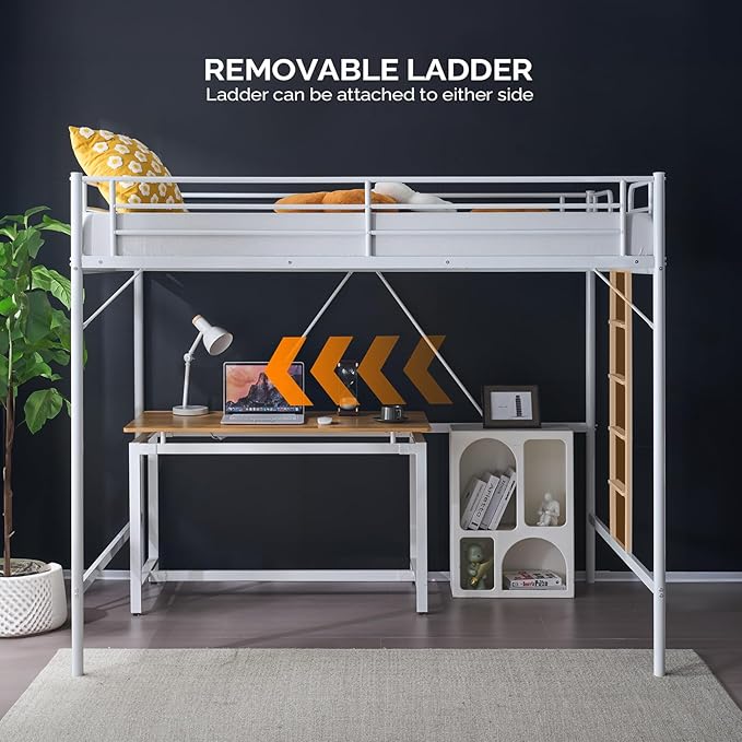 VINGLI Loft Bed Full Size with Flat Rungs for Adults, Kids and Young Teens, No Box Spring Required,Heavy Duty Metal Slat Support,White