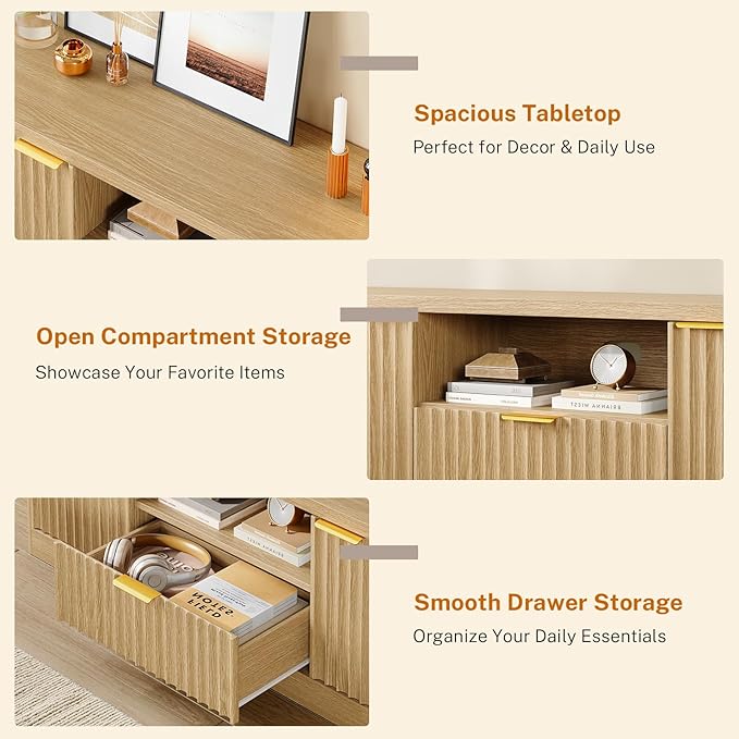 TEENFON 55" TV Stand for TVs Up to 60", Modern Fluted Entertainment Center with Drawer and Open Shelf, Media Console Table, TV Stands for Living Room, Nature Oak