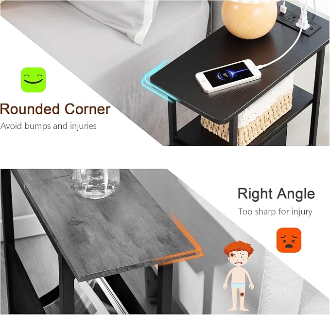 LOAKEKEL Narrow Nightstand with Charging Station, End Tables Living Room Set of 2, Skinny Side Table with Fabric Drawers, Slim Sofa Table for Bedroom, Small Spaces, Couch, Black, HETNDP02BK