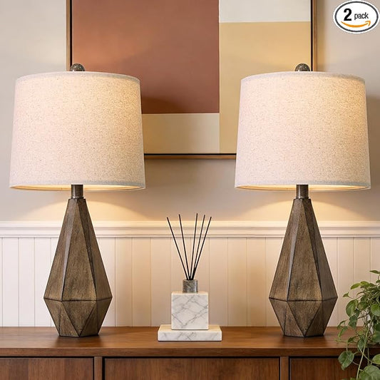 PoKat 23.5'' Table Lamps Set of 2 for Bedroom, Farmhouse Nightstand Lamps for Living Room, Rustic Bedside Lamps with Linen Lampshade for Side Table Office Hallway Entryway Dark Wood-Like (Brown)