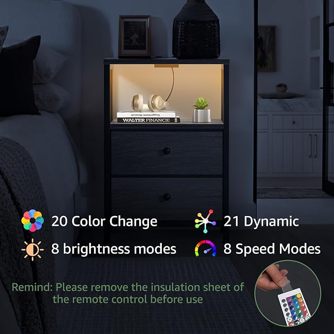 BOLUO Gray Nightstand with Charging Station, LED Night Stand with 2 Fabric Drawers, Bedside Table with USB Ports and Outlets, Nightstand for Bedroom Modern