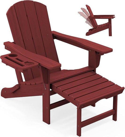 KINGYES Adjustable Folding Adirondack Chair with Footrest & 4-in-1 Multi-Functional Armrest Organizer, HDPE Foldable Recliner Adirondack Chair with Pull-Out Ottoman, Red