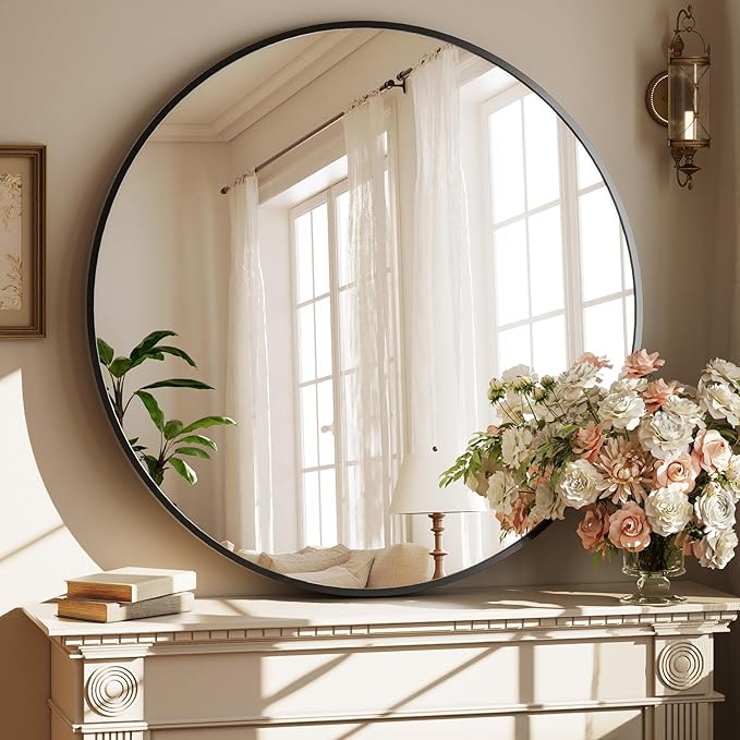 XRAMFY 42 Inch Round Black Metal Wall Mirror - Stylish Circle Mirror for Entryway, Bathroom, and Living Room Decor | Matte Black Circle Wall Mirror