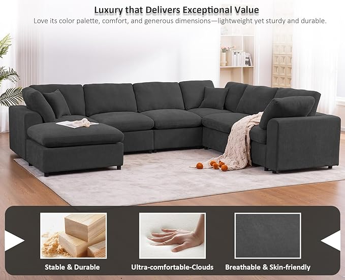 Oversized Modular Sectional Sofa Couch, Large 7 Seater Corner Sofa Modern U Shaped Sectional Couch with Ottoman Cloud Couches for Living Room, Office, Spacious Space, Dark Gray