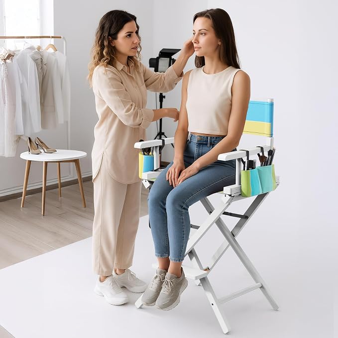 OmySalon 26" H Tall Directors Chair, Wooden Portable Folding Makeup Chair w/Storage Pouch & Footrest, Professional for Salon/Events/Mobile Services, 250lb Capacity, Colorful Canvas & White Frame