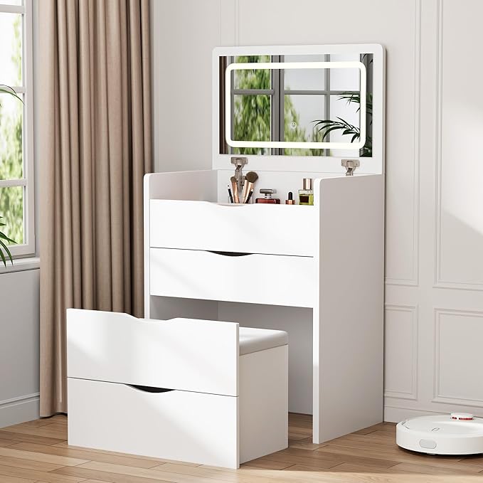 Mr IRONSTONE Compact Vanity Desk with Mirror and Lights, Hidden Makeup Vanity Cabinet with Storage Drawers & Shelves, Small Vanity Table for Bedroom, Flip Top Vanity for Small Spaces, White