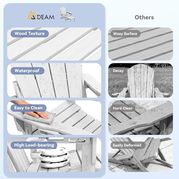 Mdeam 3-Level Adjustable Adirondack Chair with Retractable Ottoman, HDPE All-Weather Folding Fire Pit Chair with 2 Cup Holders, Outdoor Chair for Deck Patio Garden Backyard Lawn (White)
