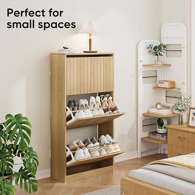 Shoe Storage Cabinet with Vertical Groove Doors 3 Flip Drawers, Narrow Shoe Cabinet Storage for Entryway, Shoe Organizer Cabinet, Slim Shoe Rack Cabinet (Oak)