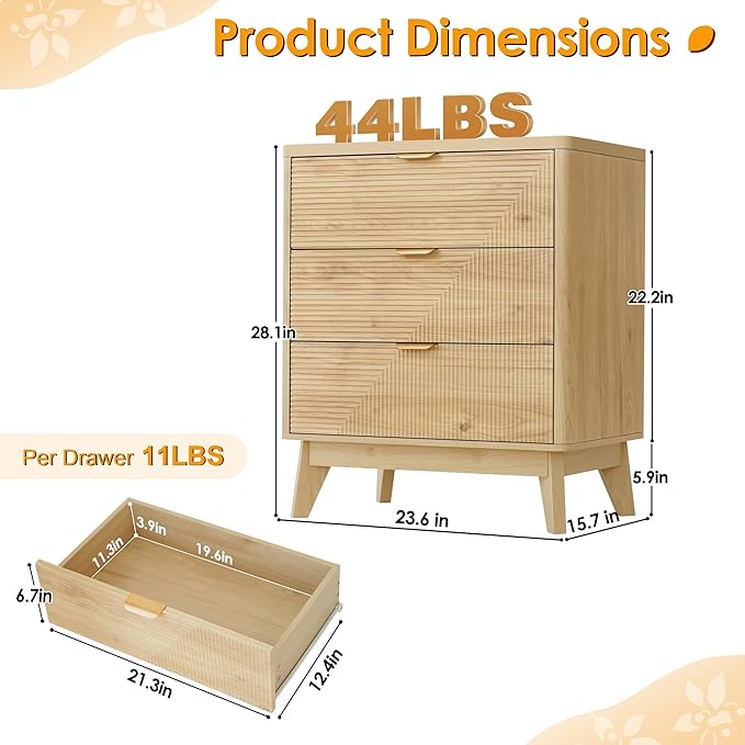3 Drawer Fluted Nightstand for Bedroom, Modern Wood Night Stand with Curved Profile, Fluted Dresser & Wood Drawer Organizer for Bedroom and Hallway