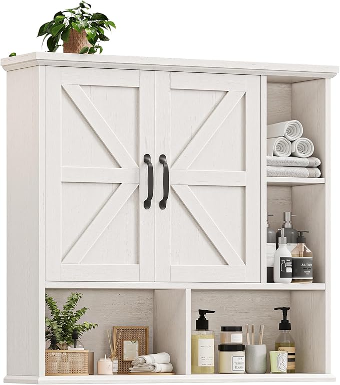 Vabches Bathroom Wall Cabinet, Farmhouse Medicine Cabinet with Double Barn Door and Adjustable Wood Shelf, Over The Toilet Storage Cabinet for Wall Mounted for Bathroom Laundry Room Kitchen (White)
