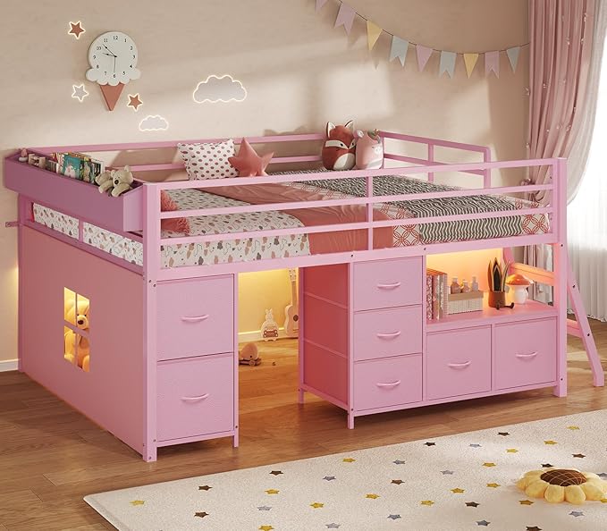 ADORNEVE Low Loft Bed Full Size with 7 Storage Drawers, Bookcase and LED Lights, Metal Kids Loft Bed with 14" H Safety Guardrail,Inclined Ladder and Play Curtain, Under-Bed Play Space, Pink