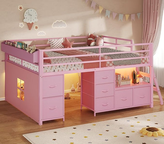 ADORNEVE Low Loft Bed Full Size with 7 Storage Drawers, Bookcase and LED Lights, Metal Kids Loft Bed with 14" H Safety Guardrail,Inclined Ladder and Play Curtain, Under-Bed Play Space, Pink