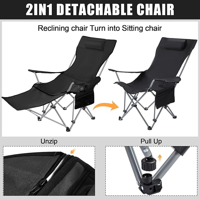 Yuntau 2 Set Reclining Beach Chairs with UPF 50+ Umbrellas Shade, Upgraded Heavy Duty Portable Folding Lounge Camping Chair with Canopy Removable Footrest & Headrest for Outdoor Patio(Black)