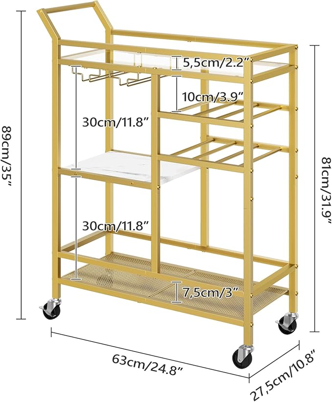 MAHANCRIS Bar Cart for Home, 3-Tier Serving Cart with Glass Top, Beverage Cart with Wine Rack and Glass Holder, Drink Cart with Wheels, for Dining Room, Living Room, Gold and White RCJM71B01