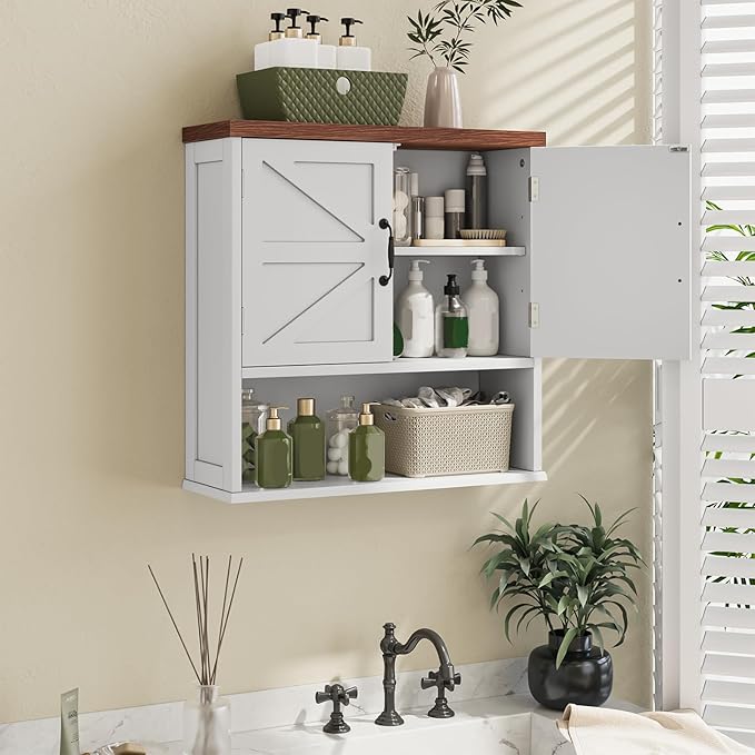 Smuxee Farmhouse Bathroom Cabinet Wall Mounted, White Medicine Cabinet with Adjustable Shelf, Bathroom Cabinet for Living Room, Laundry Room