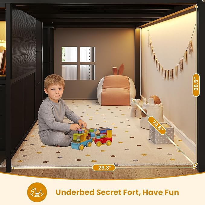 ADORNEVE Low Loft Bed Twin Size with Stairs,7 Drawers, Bookcase and LED Lights, Metal Kids Loft Bed with 14" H Safety Guardrail,Inclined Ladder and Play Curtain, Under-Bed Play Space, Black