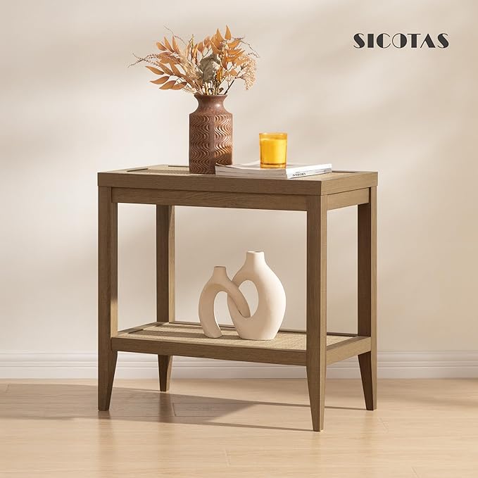 SICOTAS Rattan Night Stand Bedside Table - Farmhouse Boho Narrow End Table for Living Room - Accent Side Table with 2 Open Storage Shelves for Bedroom, Small Spaces