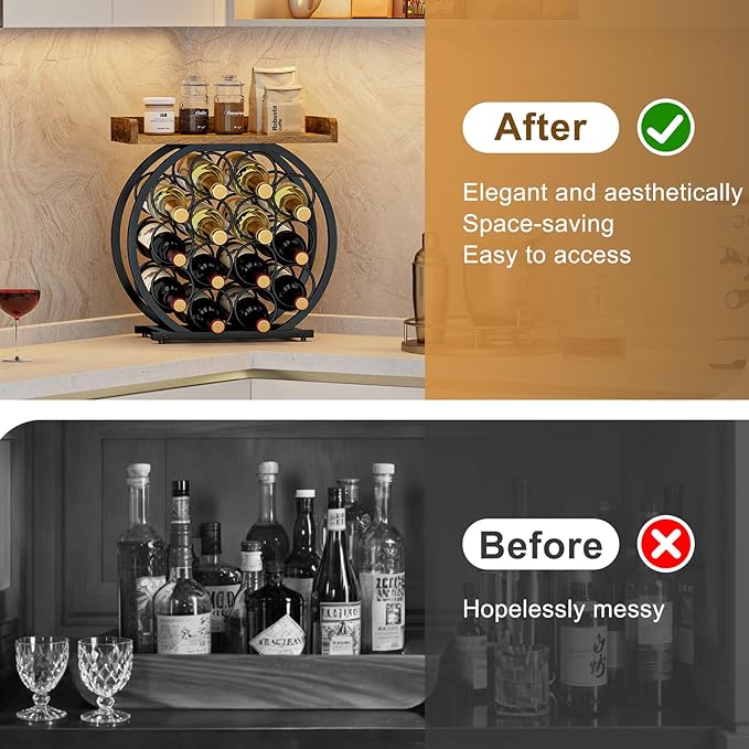X-cosrack 14 Bottles Countertop Wine Rack with Wooden Tabletop, Round Metal Freestanding Wine Storage Holder, Wine Racks Countertop Wine Bottle Organizer Display Stand for Pantry Home Kitchen Bar