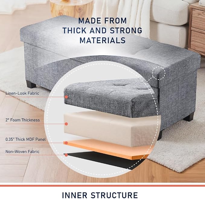 Ornavo Home 43 Inch Storage Ottoman, Large Storage Bench, Ottoman with Storage with Legs, Foot Rest Stool, Bedroom Bench - Gray