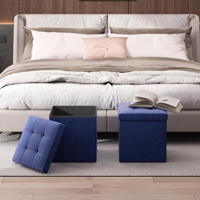 Magshion Folding Storage Ottoman Cube, 15 Inches Small Foot Rest Stool, Square Ottoman with Storage for Bedroom, Living Room, Dorm, Navy Blue