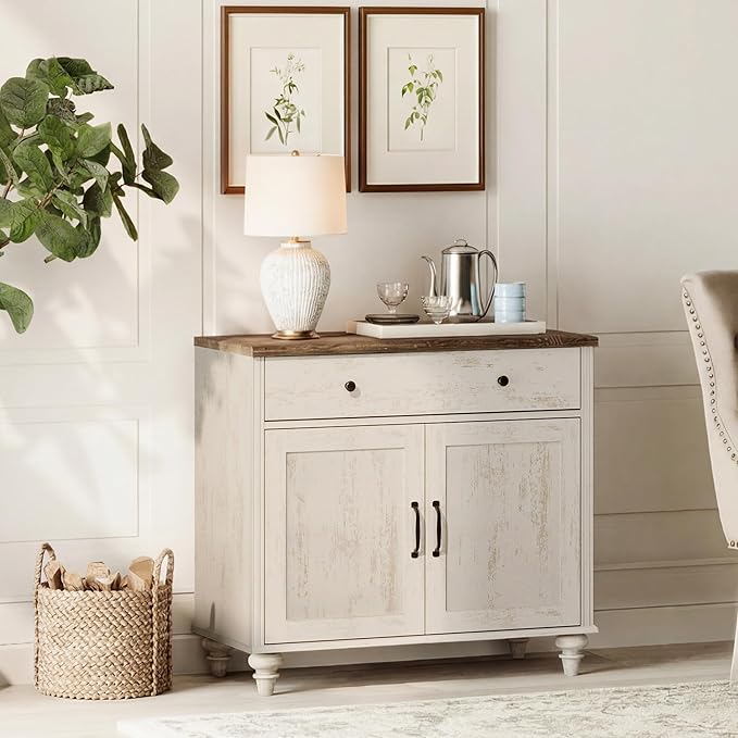WAMPAT Buffet Cabinet with Doors & Drawer, Large Coffee Bar Table Wood Kitchen Storage Cabinets with Storage Cabinets, Modern Farmhouse Sideboard Credenza for Dining Room, Rsutic White, 34 inch