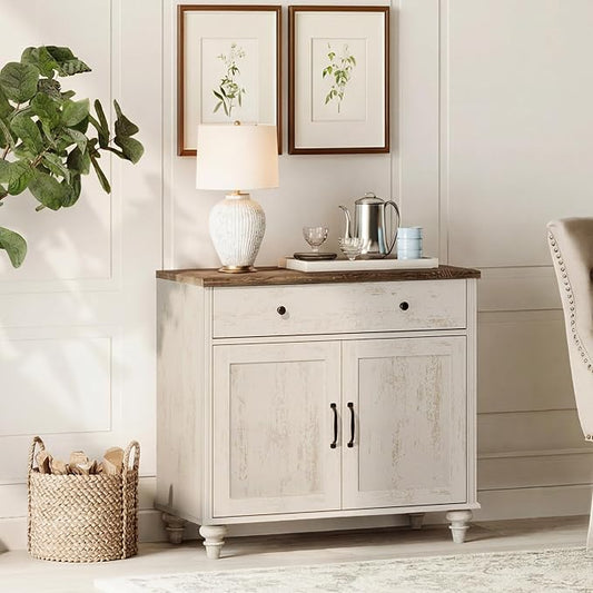 WAMPAT Buffet Cabinet with Doors & Drawer, Large Coffee Bar Table Wood Kitchen Storage Cabinets with Storage Cabinets, Modern Farmhouse Sideboard Credenza for Dining Room, Rsutic White, 34 inch