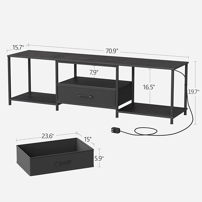 JARHETUN TV Stand with LED Lights, Entertainment Center with Open Shelves and Fabric Drawer, Media Console for 80 Inch TV, Television Stands for Living Room, Bedroom, Black