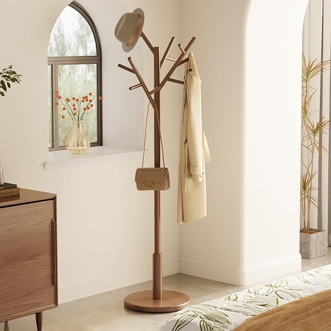 Muwuele Coat Rack, Solid Wood Coat Rack Freestanding With 12 Hooks, Coat Tree Freestanding Heavy Duty 3 Adjustable Heights For Coat, Hats, Handbags, Coat Hanger Stand For Entryway, Bedroom, Walnut