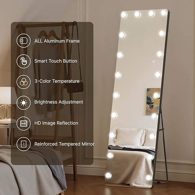 Kosmonia 62x20 Hollywood Full Length Mirror with Light, 20 Dimmable Bulbs & 3 Color Smart Touch Control, Distortion Free, Tempered Glass, Safe Full Body Mirrors with Stand