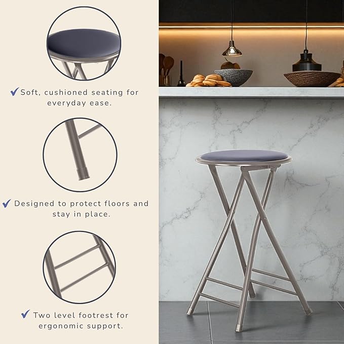 Lavish Home Folding Stool - Set of 2 Counter Height Bar Stools – 24-Inch Backless Folding Chairs with 225lb Capacity for Kitchen, Rec Room, or Game Room (Gray)