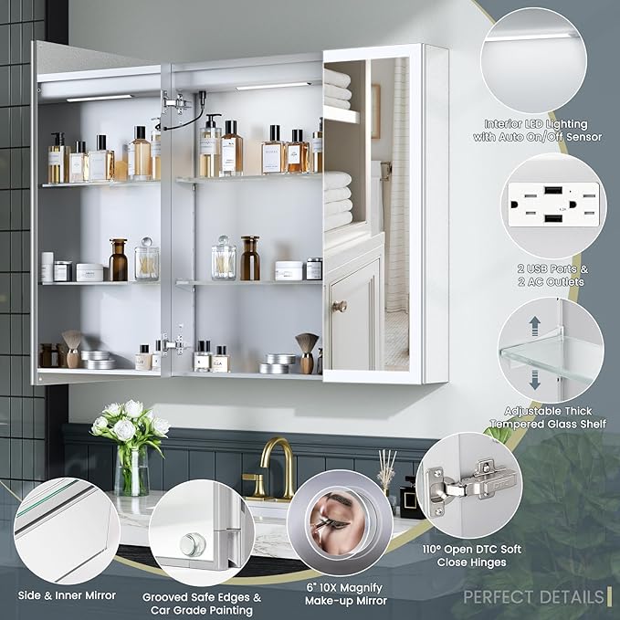 36x30 Inch Lighted Medicine Cabinet with Mirror, AL Alloy Frame, Plug-in or Hardwired, Recessed or Surface Mount, 3 Colors/Dimmable/Interior Sensor Light/Defog,2 Outlets & USBs,3 Shelves