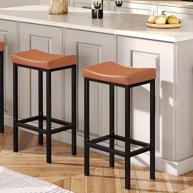 HOOBRO Bar Stools, Set of 2 Bar Chairs, Counter Height Stools, Saddle Barstools with Curved Surface, 24.8 Inches, 2.4" Thick Upholstery, for Kitchen, Dining Room, Cafe Orange-Brown and Black CB10BY01