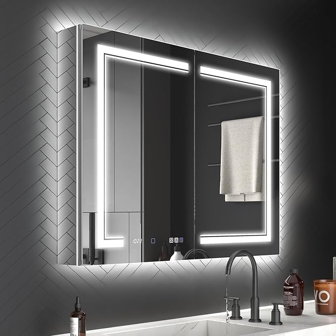 ExBrite 40 x 32 LED Lighted Medicine Cabinet with Mirror, Front & Backlit, Night Light, Clock & Temperature Display, Defog, 5X Magnifier, 3-Color Dimmable LED, Surface or Recessed Mount