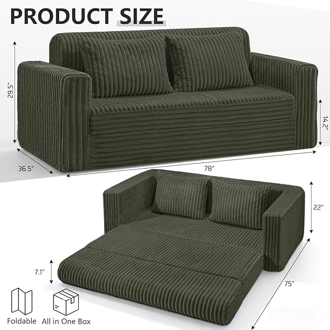 HABUTWAY 78" Loveseat Boneless Couch, 4-in-1 Convertible Sofa Bed, Plush Fur Folding Futon Sofa Bed Couches with 2 Pillows for Living Room, High-Density Foam Support, No Assembly Required, Green