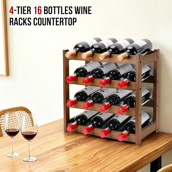 Bamboo Wine Rack, 4-Tier 16 Bottles Wine Storage Cabinet Shelf, Easy-Assembly Freestanding Bamboo Wine Racks Countertop for Kitchen Pantry Dining Room Bar, Walnut
