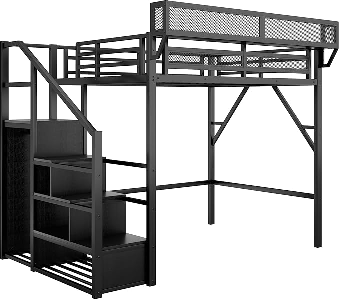 Mirightone Full Size Loft Bed with Stairs and Storage, Metal Loft Bed Frame with Bedside Shelf and Large Under-Bed Space, Heavy-Duty Loft Beds for Adults Teens and Kids, Convertible Staircase, Black