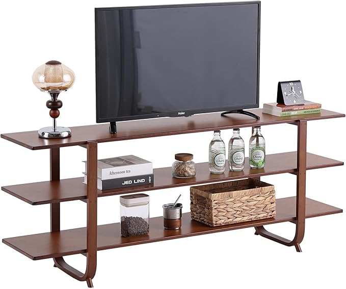 Tiita Wooden TV Stand for 65 Inch TV, Modern Media Console Table with 3-Tier Storage Shelves, Long Entertainment Center for Living Room, Walnut TV Stand with Open Display Rack